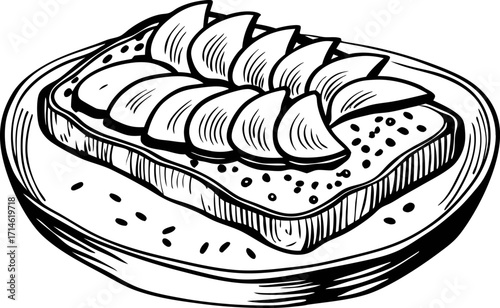 Hand drawn avocado toast on plate isolated engraved food illustration with vintage details