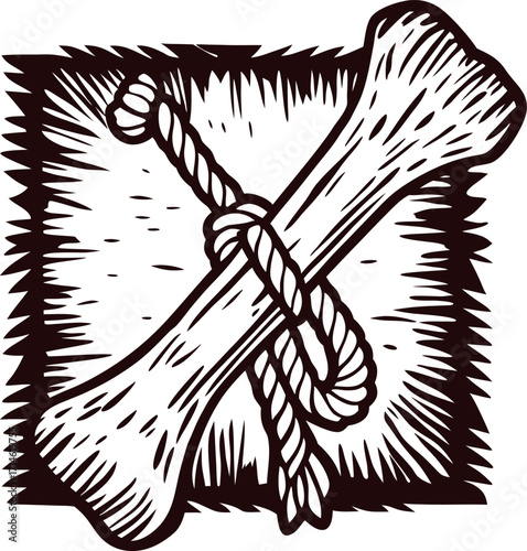 Hand drawn engraving of two crossed bones tied with a rope on textured background