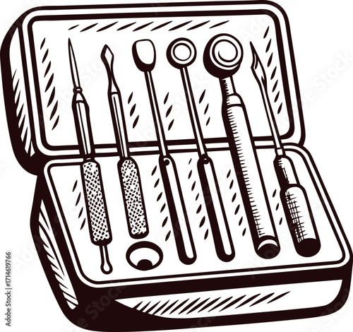 Vintage engraved illustration of dentist tools kit in open case, detailed line art of classic medical instruments
