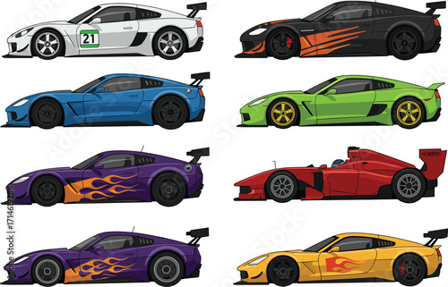 PrintRacing sports cars collection, colorful race car illustrations, side view automotive designs, high speed competition vehicles, motorsport vector set for enthusiasts