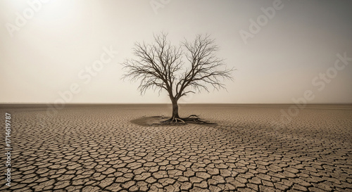 A wide-angle, cinematic shot of a vast, barren drought landscape under a pale, dusty sky
