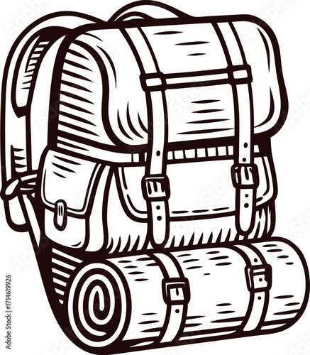 Detailed hand drawn illustration of classic hiking backpack with rolled sleeping mat in vintage engraved