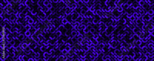 Seamless abstract geometric purple pattern, modern dark arcs, circles, tileable repeat. Use for wallpaper, packaging, fabric, web banners, app UI, covers, branding backdrops. Vector illustration