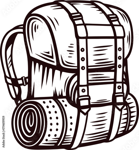 Hand drawn vintage hiking backpack with rolled sleeping mat and detailed leather straps illustration