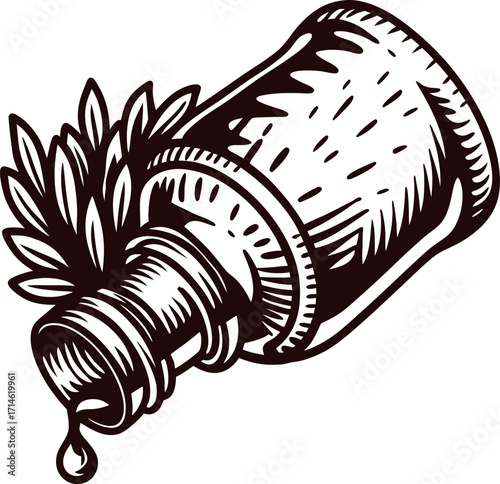 Vintage engraved glass bottle with herbal leaves and dripping liquid in black and white illustration