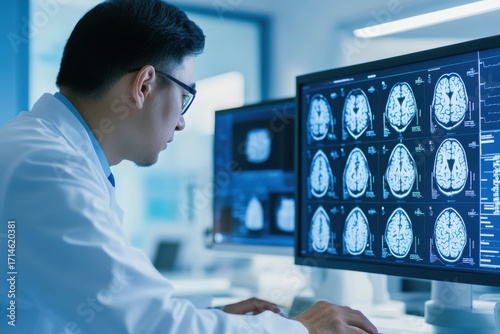 Neurotrauma specialist analyzes brain scans in a modern medical facility