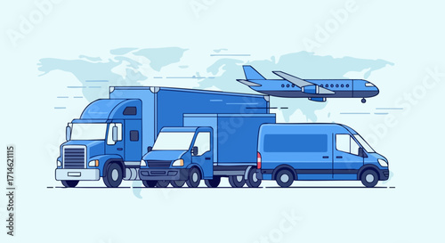 Transportation vehicles in blue, including a truck, van, and airplane against world map background. Transportation vehicles illustrate global shipping network and transport options.