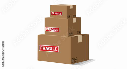 Three cardboard boxes stacked on top of each other, ready for delivery. Moving cardboard boxes ensure items are transported safely and efficiently. Cardboard boxes with "fragile" label,