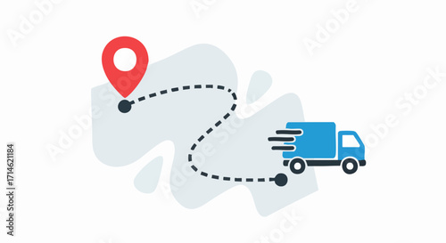 Delivery route illustration shows blue truck on dotted line toward location pin. Delivery route concept depicts logistics planning for speedy service and on-time performance.
