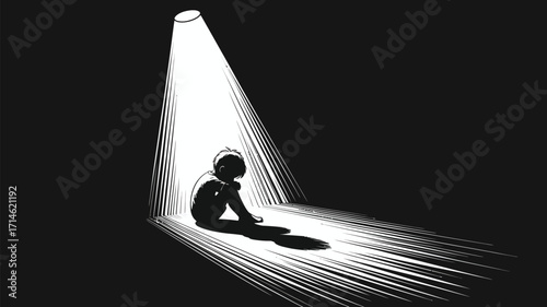 Lonely child sits in darkness, a single ray of hope shines down, isolated and vulnerable illustration