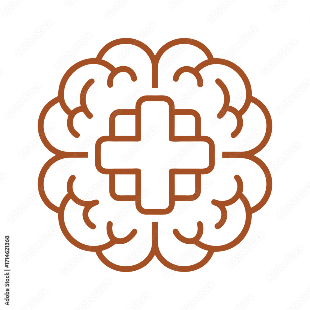 Fototapeta premium Brown outline of a brain with a medical cross in the center on a white background health science