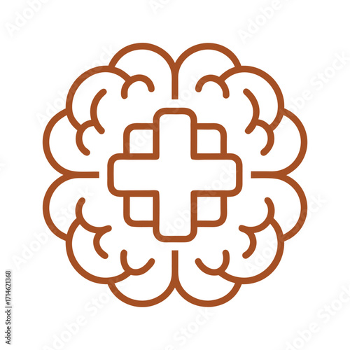 Brown outline of a brain with a medical cross in the center on a white background health science