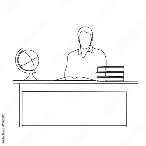 Outline of a teacher studying at a desk with books and a globe  