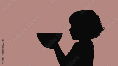 Silhouette of child holding bowl, a simple moment of childhood, quiet and gentle, perfect for family content