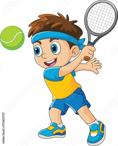 Cartoon boy playing tennis, blue headband, yellow shirt, cheerful expression, sports activity, tennis ball, racket, athletic motion, kids sport