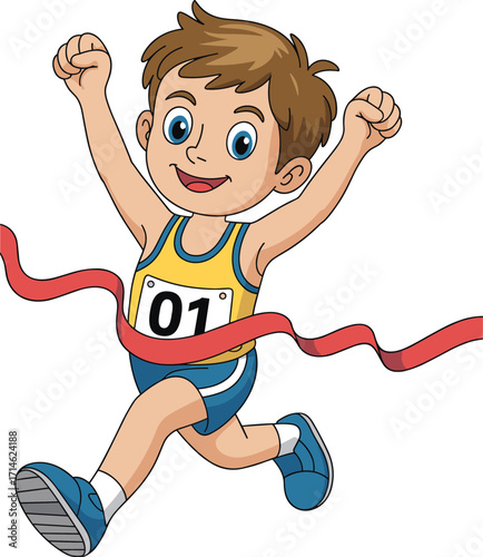Cartoon boy running, finish line victory, race winner pose, athletic outfit, cheerful child, sports celebration, vector illustration, editorial mascot art