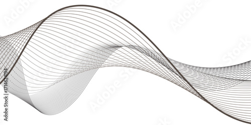 A flowing abstract wave of fine black lines twists and overlaps, creating an illusion of motion and depth against a white background, resembling sound frequencies or digital waves in elegant symmetry.