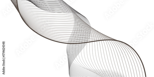 A flowing abstract wave of fine black lines twists and overlaps, creating an illusion of motion and depth against a white background, resembling sound frequencies or digital waves in elegant symmetry.