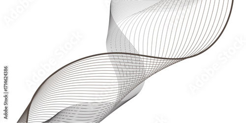 A flowing abstract wave of fine black lines twists and overlaps, creating an illusion of motion and depth against a white background, resembling sound frequencies or digital waves in elegant symmetry.