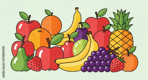 Assorted fresh fruits illustration vector graphic design apple banana orange pineapple strawberry healthy diet 100