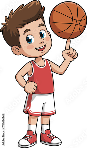 Cartoon boy spinning basketball, red jersey, sports talent, confident pose, athletic child, playful moment, youth athlete, vector illustration, smiling kid