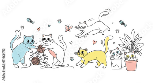 Playful cartoon scene of cats playing with yarn, chasing butterflies, and interacting with plants in a fun lively illustration.