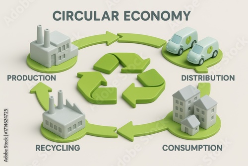 Circular Economy Cycle: Visualizing the lifecycle of resources, from production to recycling, in a graphic illustration. Illustrating the seamless flow of goods and materials