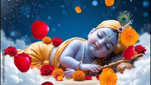 Divine baby krishna sleeping on heavenly clouds with roses peaceful janmashtami concept in royal attire animated animation motion graphic video