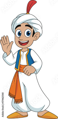 Cartoon character, Middle Eastern costume, traditional attire, cheerful boy, waving hand, turban, vest, harem pants, educational, children, colorful,