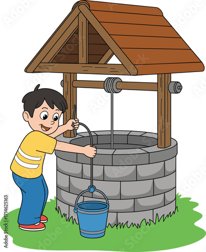 Cartoon child drawing water from stone well, traditional rural scene, bucket pulley system, outdoor grass field, vintage countryside lifestyle illustration
