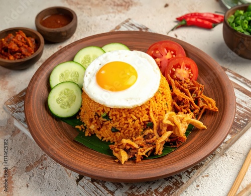 Spicy Nasi Goreng with Fried Egg, Crispy Onions, and Fresh Garnish