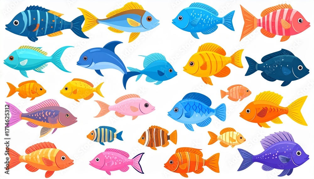 Fototapeta premium Flat tropical fish. Anemone fish, aquarium sea pet. Cartoon isolated underwater wild