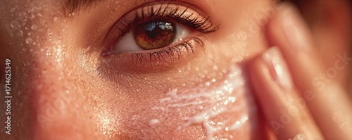 Woman applying white sun cream on her wet face and skin. Skincare routine and sun protection against harmful UV rays. Healthy glow and beauty concept.