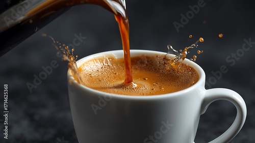A stream of coffee being poured into a white mug with splashes against a dark gray textured background