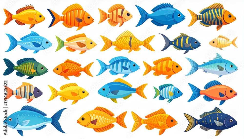 Fototapeta premium Flat tropical fish. Anemone fish, aquarium sea pet. Cartoon isolated underwater wild