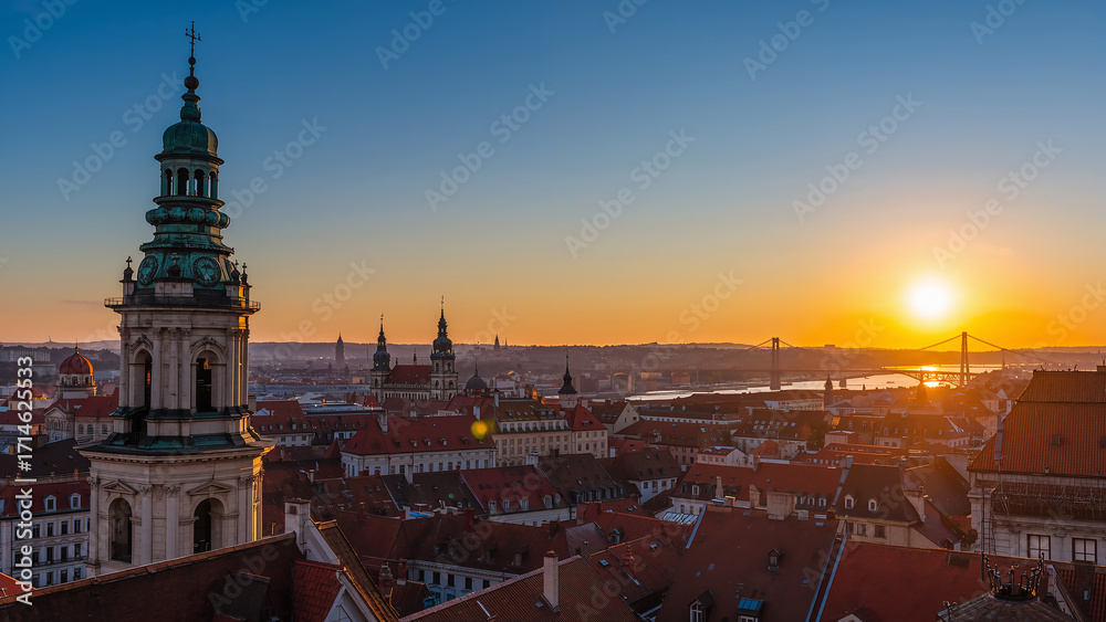 Fototapeta premium Stunning Cityscape at Sunset Over Historic Architecture