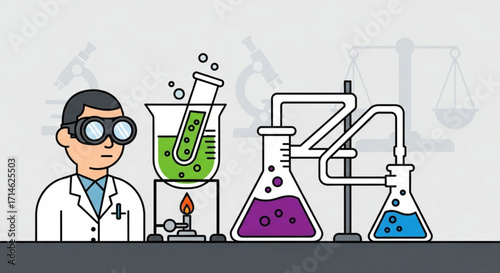 Scientist experiment in lab with beaker and flasks science research chemistry biology and laboratory illustration