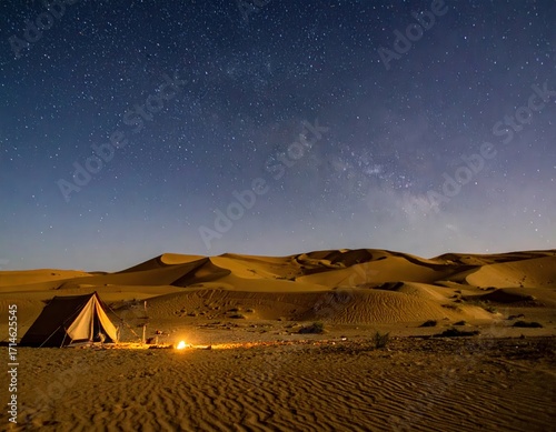 Starry Night Desert Camp: Tranquil Canvas of Sand Dunes and Celestial Wonders