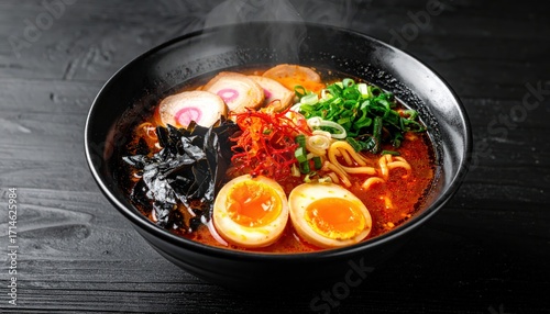 Steaming Spicy Ramen Bowl: Rich Broth, Soft Boiled Egg, Chashu Pork, and Seaweed