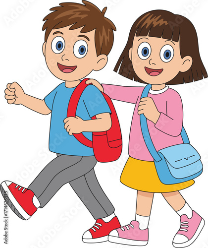 Cartoon children walking together, happy kids illustration, school outing scene, smiling boy and girl, colorful outfits, cheerful mood, vector art