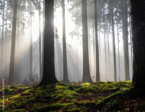 Sunbeams Illuminate Misty Forest: Mossy Ground, Tall Trees, Serene Dawn