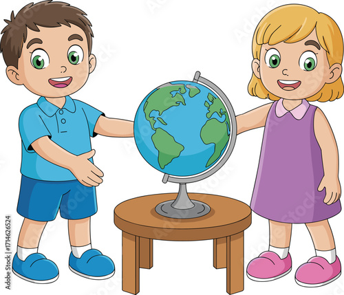 Cartoon children, globe learning, geography education, global awareness, school kids, classroom illustration, world map, educational concept, teamwork, curiosity, discovery