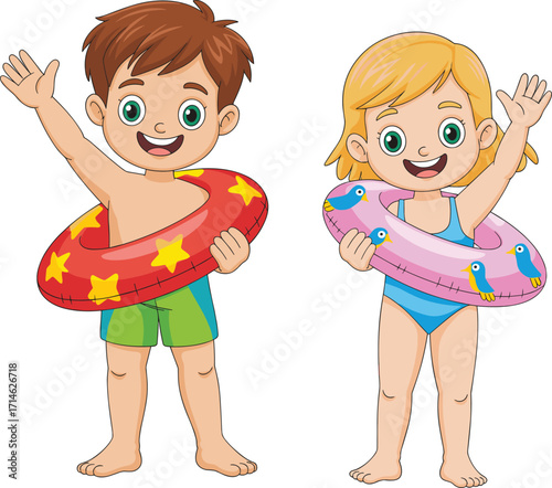Cartoon children, swim rings, summer fun, beachwear, smiling kids, colorful illustration, playful pose, water activity, vacation theme, isolated background