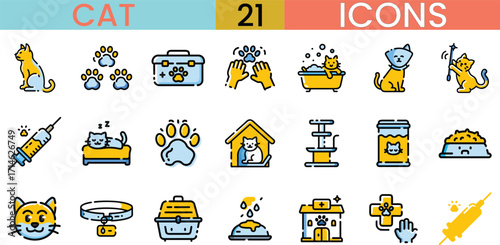 Collection of 21 cat and pet care icons for veterinary services and animal companionship vector