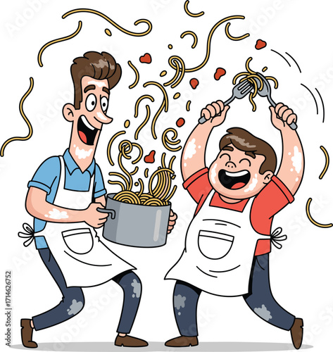 Two happy people cooking together in the kitchen with food flying everywhere
