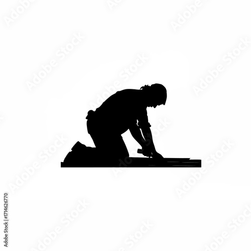 Silhouette of a worker kneeling and cutting grooves isolated on white background