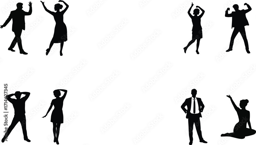 Fototapeta premium Silhouette people dancing and posing isolated on white background with retro style human figures in various body movements and expressive gestures 