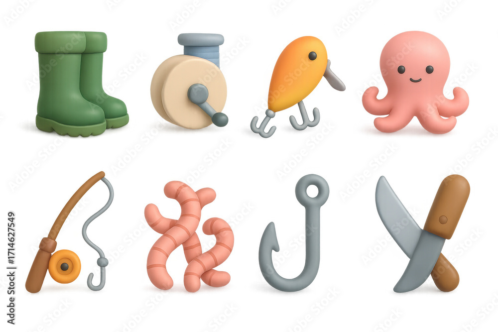 Fototapeta premium Cute 3d fishing icons: boots, reel, lure, octopus, rod, worms, hook, knife