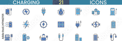 Collection of 21 charging icons representing power battery and electricity concepts vector
