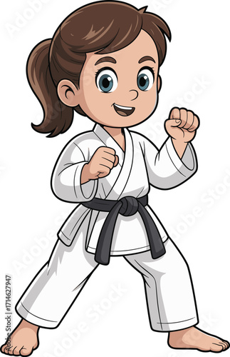 Cartoon martial artist, karate black belt, fighting stance, confident pose, traditional gi, barefoot fighter, ponytail, sparring ready, discipline, strength